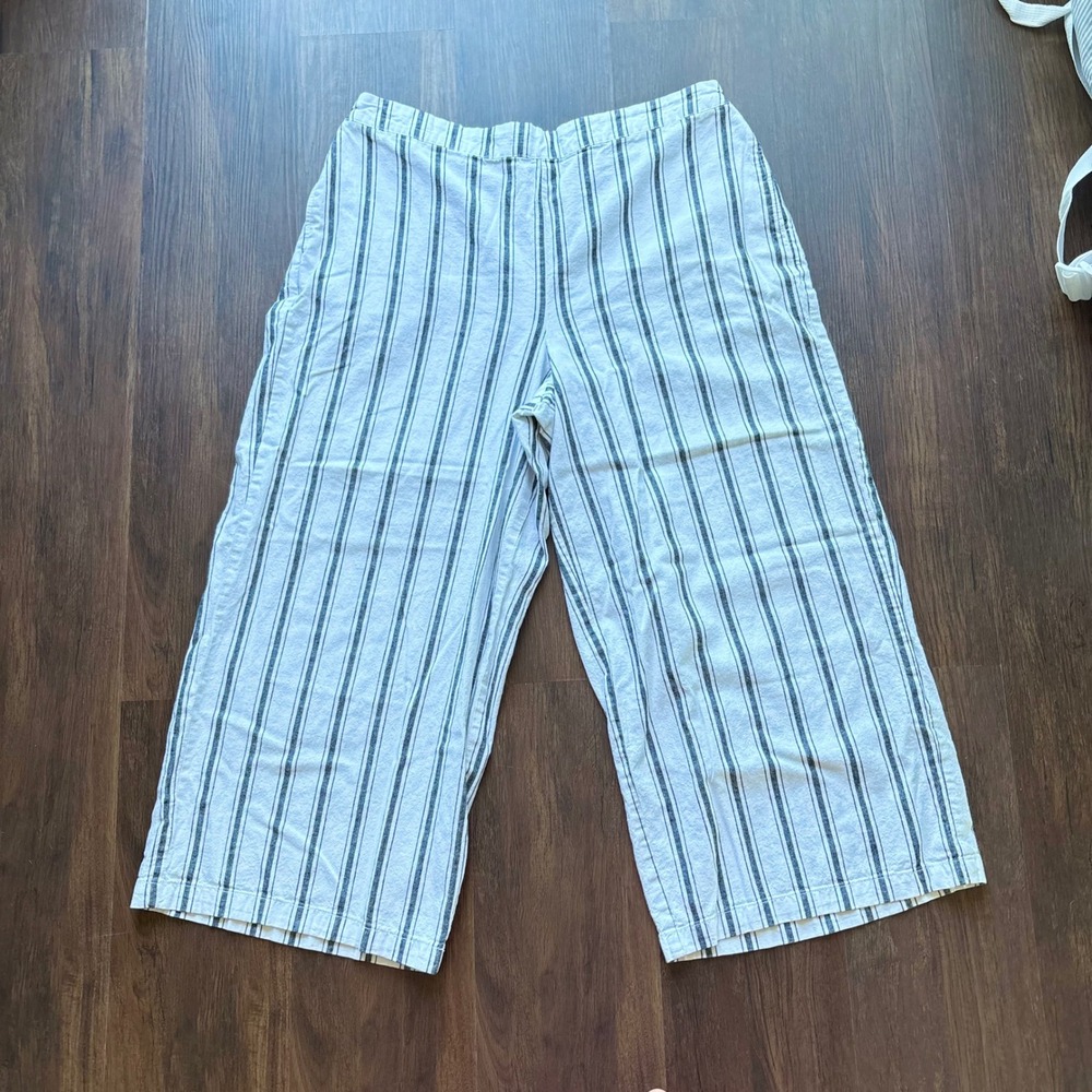 Linen Blend Lagenlook Striped Wide Leg Crop Pants Coastal Boho Summer XL